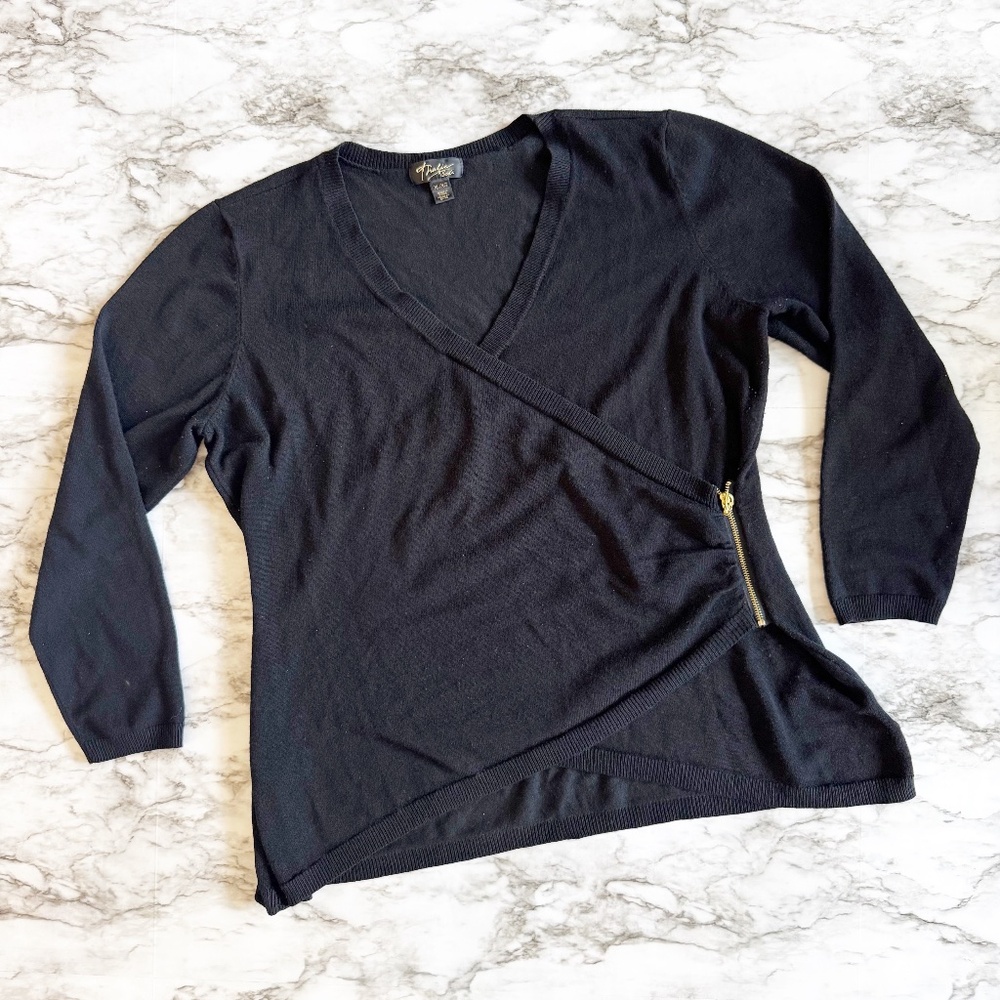 Thalia Sodi Black Faux Wrap Sweater with Zipper Detail